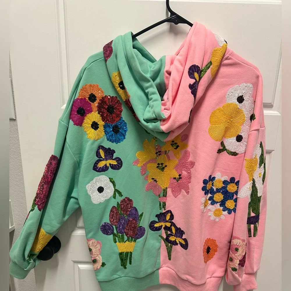 QOS Floral Embroidered Hoodie - Pink & Mint Color-block - Picture 2 of 5
